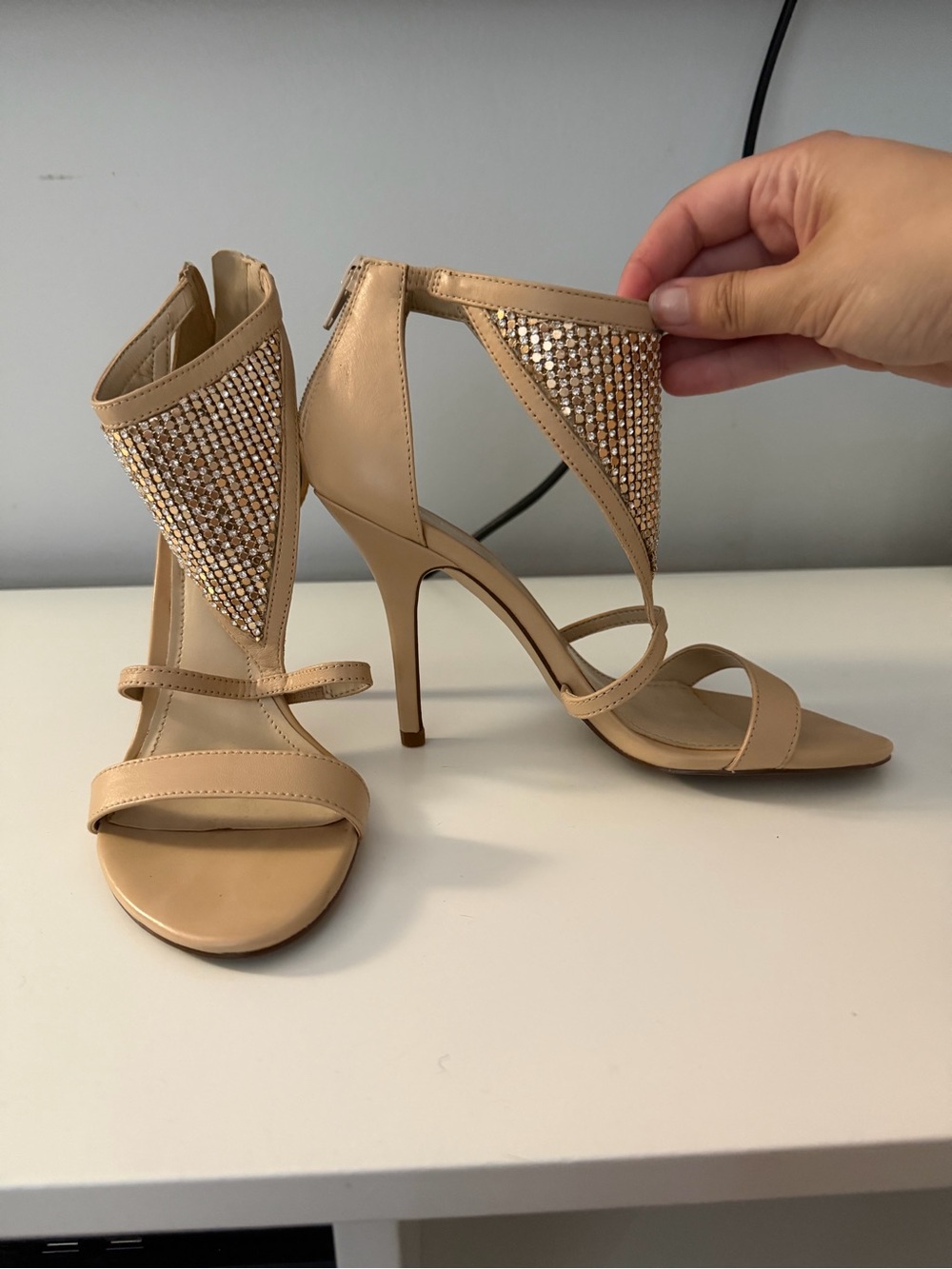 Aldo Beige Nude Crystal-Embellished Strappy High Heels